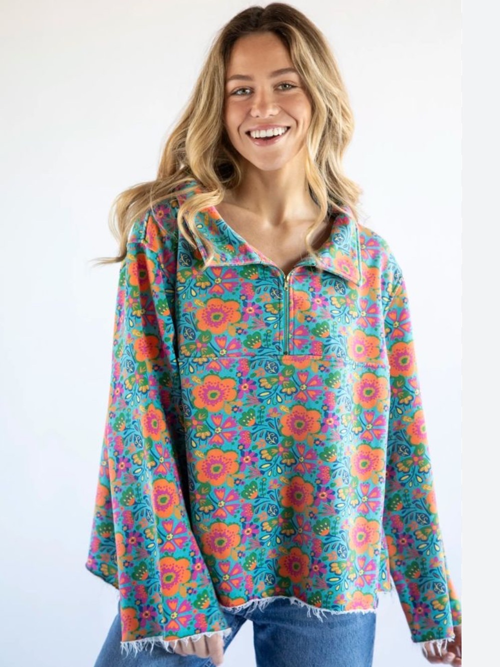 Easy Does It Doodle Floral Turquoise Pullover Sweatshirt Quarter Zip Boho